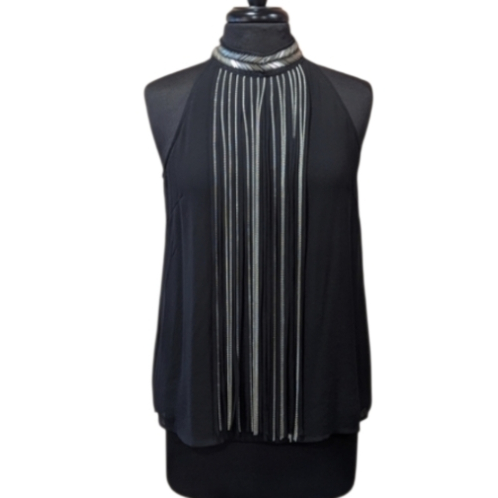 Vintage Xoxo M Goth Y2K Black Tank Fringe Beaded Halter Whimsigoth